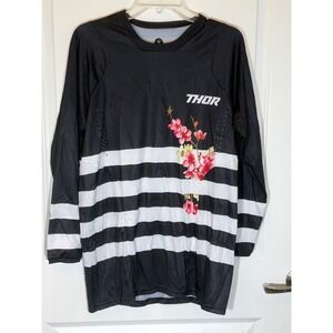 Thor Motocross Jersey Mens Medium Black White Striped Cherry Blossom Floral MX